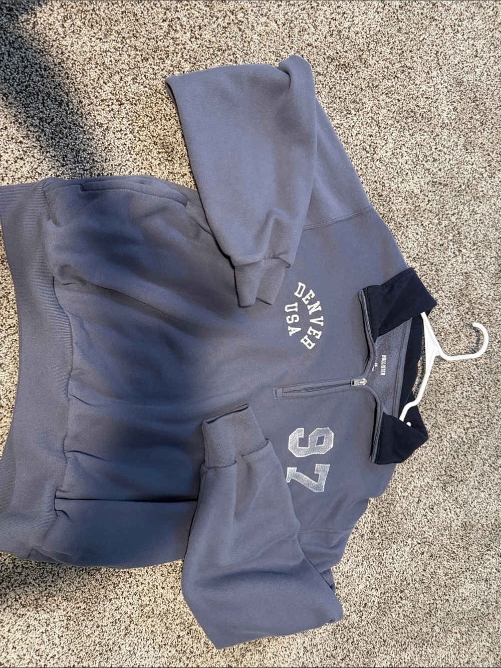 Hollister Navy Blue Quarter-Zip Sweatshirt with Denver USA and 97 Graphics